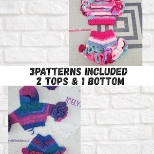 May include: Crocheted baby clothing set in pink, blue, and purple. The set includes two tops and one bottom, with ruffled edges. The image also displays the text "3 PATTERNS INCLUDED 2 TOPS & 1 BOTTOM".