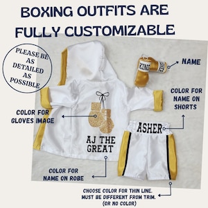 TRI Color Ensemble complet boxer pour bébé. Gants de boxe personnalisés pour nouveau-né, robe de boxe, short de boxe, slip de boxe White- Gold Trim