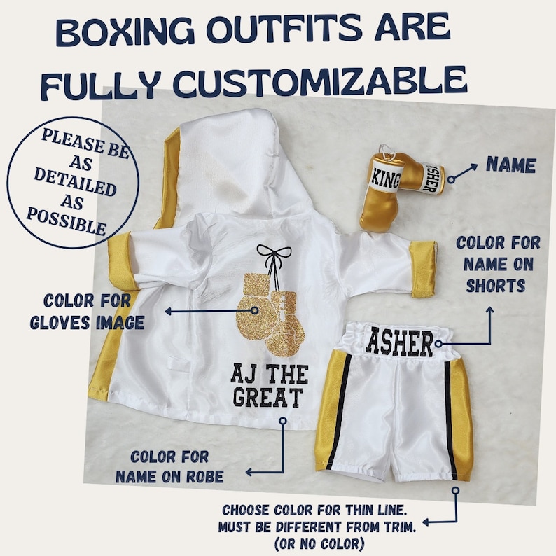 TRI Color Ensemble complet boxer pour bébé. Gants de boxe personnalisés pour nouveau-né, robe de boxe, short de boxe, slip de boxe White- Gold Trim