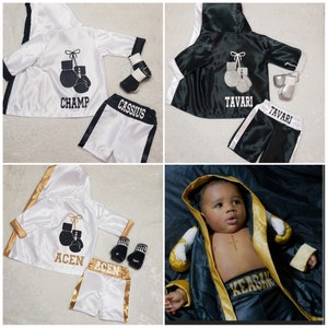 TRI Color Baby Boxer Outfit Complete Set. Personalized Newborn Boxing Gloves, Boxing Robe, Boxing Shorts, Boxing Trunks zdjęcie 9