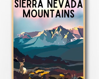 シエラネバダ山脈のアートプリント：手描きのカリフォルニアの風景
