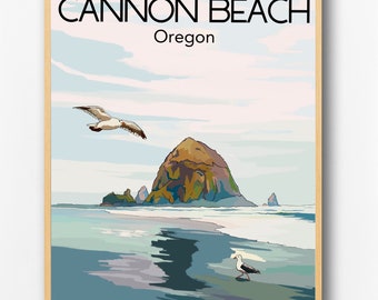 May include: A vintage-style travel poster featuring a scenic view of Cannon Beach, Oregon. The poster features a large rock formation in the ocean, with two seagulls flying overhead. The text "Cannon Beach" and "Oregon" is displayed in black lettering at the top of the poster.