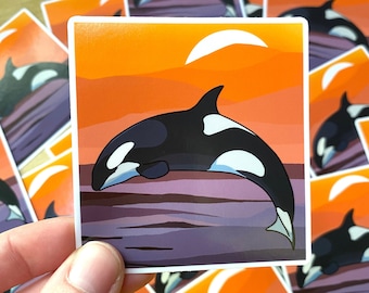 Orca Whale Sunset Sticker - Waterproof Outdoor Use, UV-resistant Decal