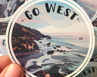 Pegatina "Go West": vinilo de la costa del Pacífico, resistente al agua y a los rayos UV