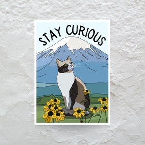 Stay Curious Cute Cat and Mountain Sticker 2x3&quot;– Adventure Lover, Outdoor Enthusiast, Waterproof Decal, Nature and Animal Lover