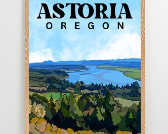 Puede incluir: Una ilustración colorida de un paisaje con un río serpenteando a través de un valle. El texto "ASTORIA OREGON" está en la parte superior de la imagen.