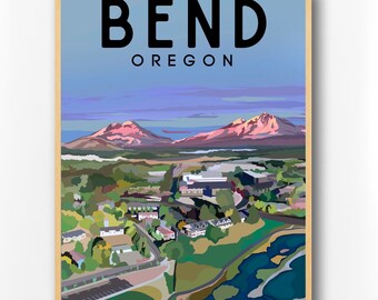 May include: A vintage-style travel poster with the text "BEND OREGON" in black letters on a light blue background. The poster features a colorful illustration of a city with mountains in the background.