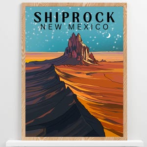 May include: A vintage travel poster featuring a stylized illustration of Ship Rock, a large rock formation in New Mexico, against a starry night sky. The text "SHIPROCK NEW MEXICO" is displayed at the top of the poster.