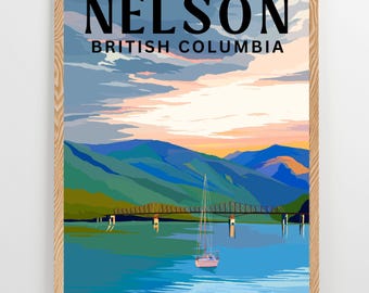 Nelson British Columbia Print: Hand-Drawn Mountain Lake Art