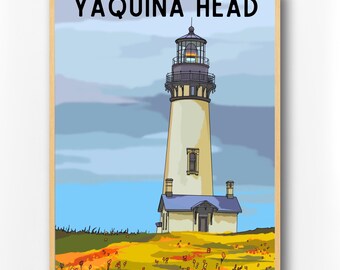 May include: A vintage-style poster featuring a lighthouse with a white tower and a blue roof. The lighthouse is set against a blue sky with white clouds. The text "YAQUINA HEAD" is printed in black at the top of the poster.