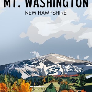 Peut inclure: Une illustration repr&eacute;sentant le mont Washington dans le New Hampshire, avec des sommets enneig&eacute;s et une for&ecirc;t d'arbres d'automne au premier plan.