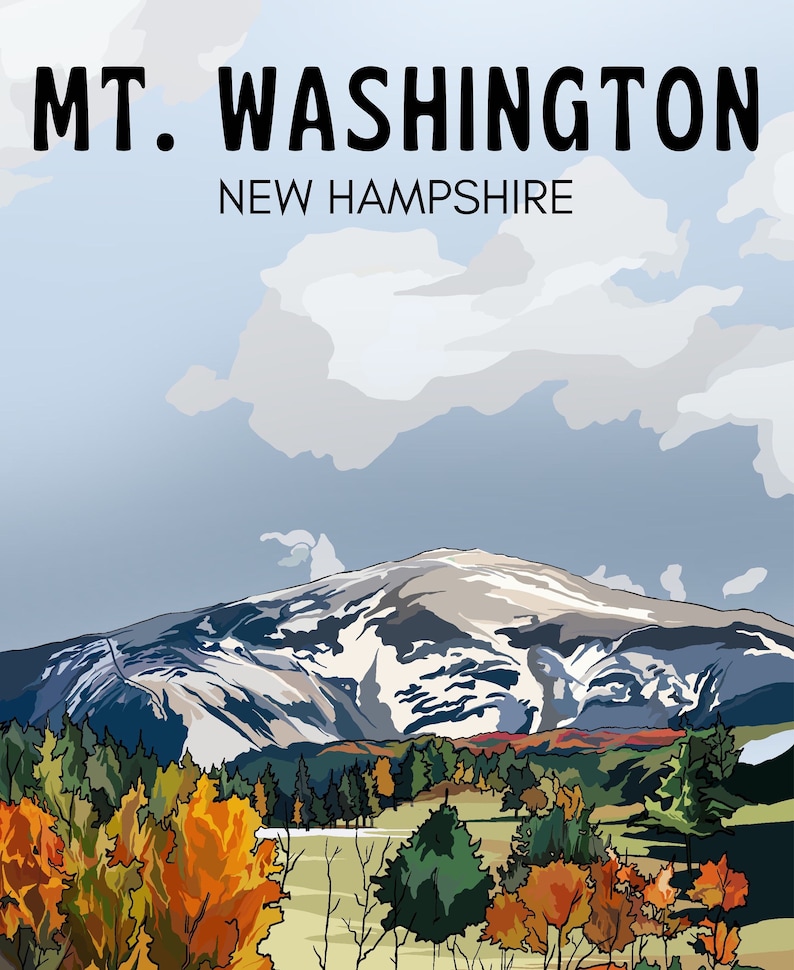 Peut inclure: Une illustration repr&eacute;sentant le mont Washington dans le New Hampshire, avec des sommets enneig&eacute;s et une for&ecirc;t d'arbres d'automne au premier plan.