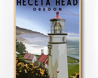 May include: A vintage travel poster featuring a white lighthouse with a red roof against a blue sky and a foggy coastline. The text "Heceta Head Oregon" is at the top of the poster.