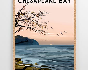 Impression d'art de la baie de Chesapeake : décor du nord-est dessiné à la main