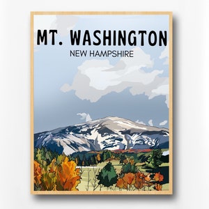Peut inclure: Une affiche de style vintage repr&eacute;sentant une vue panoramique du mont Washington dans le New Hampshire. La montagne est enneig&eacute;e et entour&eacute;e d'une for&ecirc;t d'arbres aux couleurs d'automne. Le texte "MT. WASHINGTON NEW HAMPSHIRE" est imprim&eacute; en haut de l'affiche.