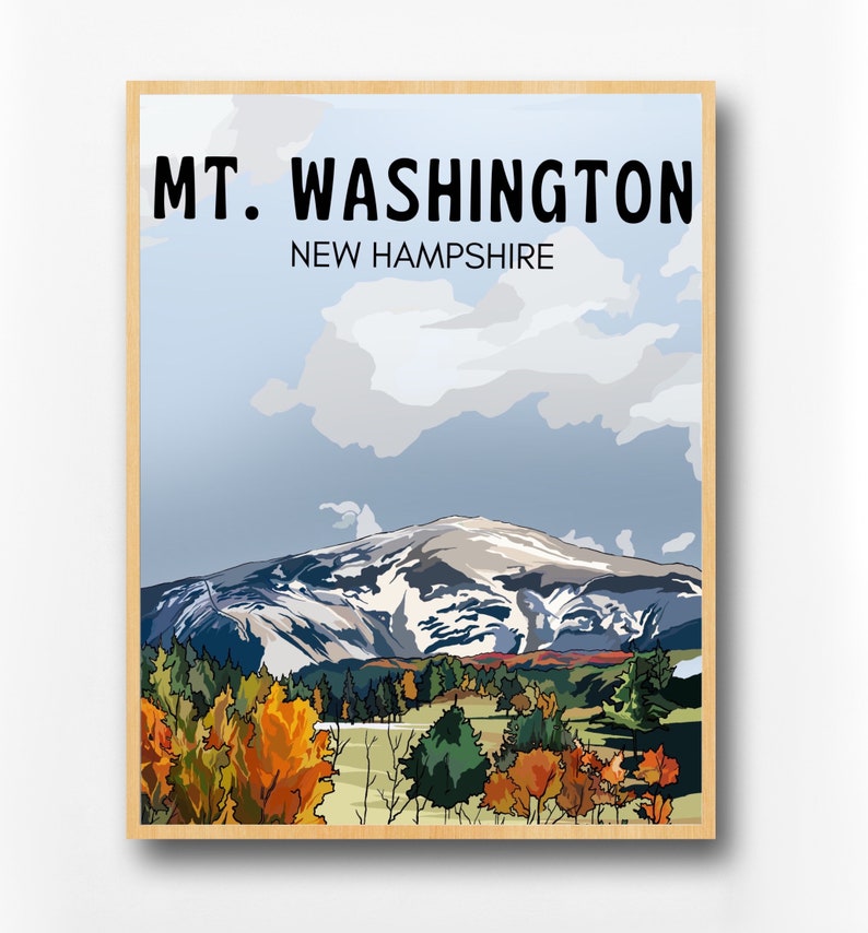 Peut inclure: Une affiche de style vintage repr&eacute;sentant une vue panoramique du mont Washington dans le New Hampshire. La montagne est enneig&eacute;e et entour&eacute;e d'une for&ecirc;t d'arbres aux couleurs d'automne. Le texte "MT. WASHINGTON NEW HAMPSHIRE" est imprim&eacute; en haut de l'affiche.