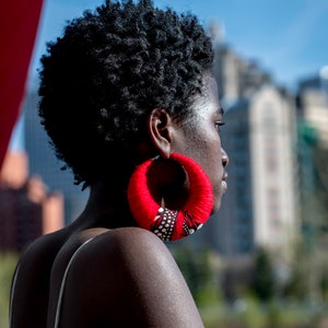 African wax print and wool unique hoops. red earrings, crowd stopper. Fulani inspired hoops.