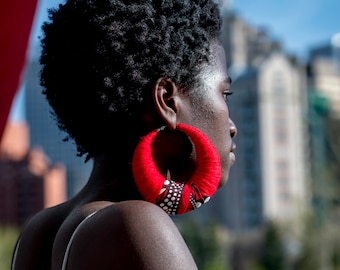 African wax print and wool unique hoops. red earrings, crowd stopper. Fulani inspired hoops.