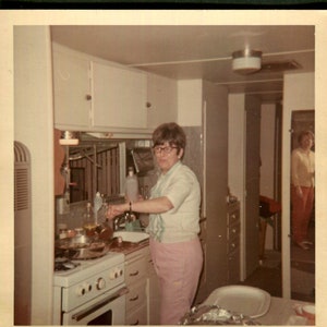 Vintage Photo Aunt Lo Cooking Christmas Dinner Woman in Mirror 1960&#39;s, Original Found Photo, Vernacular Photograph