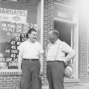 Vintage Photo Two Guys In Front of Dewey&#39;s Garage 1940&#39;s, Original Found Photo, Vernacular Photography