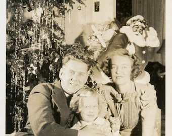 Vintage Photo Family Poses in Front of Christmas Tree Cardboard Santa in Background 1940's, Original Found Photo, Vernacular Photograph