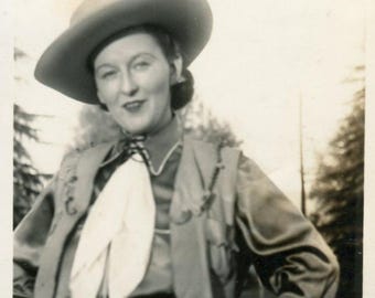 1938 Cowgirl Portrait – Sassy Western Outfit – Vintage Woman in Costume Snapshot