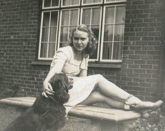 Vintage Photo Woman Posing on Garden Bench with Her Dog 1940's