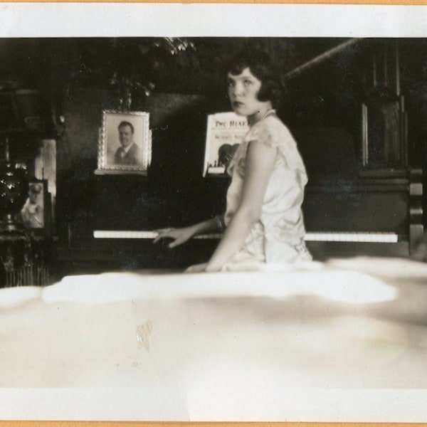 Vintage Photo Girl Caught by Surprise Practicing Piano 1930's, Original Found Photo, Vernacular Photograph