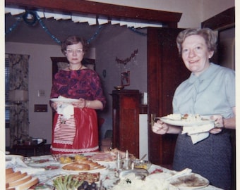 Vintage Snapshot Photo of Ladies Dishing Up a Christmas Dining Table 1960's, Original Found Photo, Vernacular Photograph
