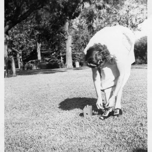 Vintage Photo Photographer Bends Over to Tie Her Shoe 1940&#39;s, Original Found Photo, Vernacular Photograph