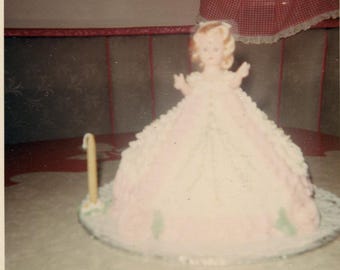 Vintage Color Snapshot Photo Doll Cake for Little Girl's Birthday Party 1970's, Original Found Photo, Vernacular Photograph