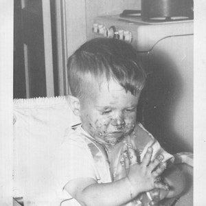 Vintage Photo Baby Boy Enjoying Food Messy Face Eater 1950's, Original Found Photo, Vernacular Photography