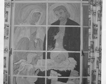 Vintage Photo Christmas Scene Painted on Front Room Window 1960's, Original Found Photo, Vernacular Photograph