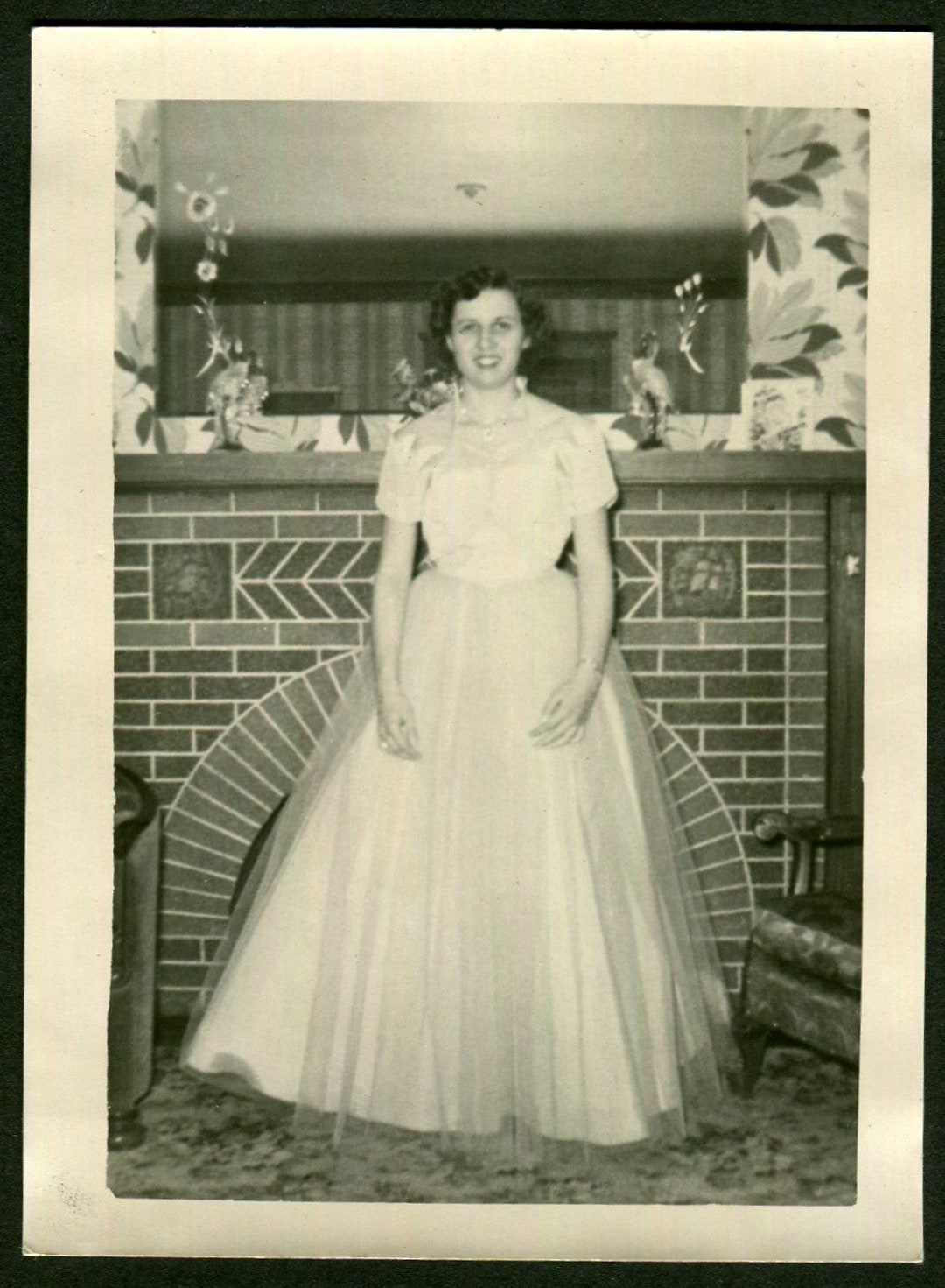 Vintage Photo Teen Age Girl Wearing White Long Formal Dress pic