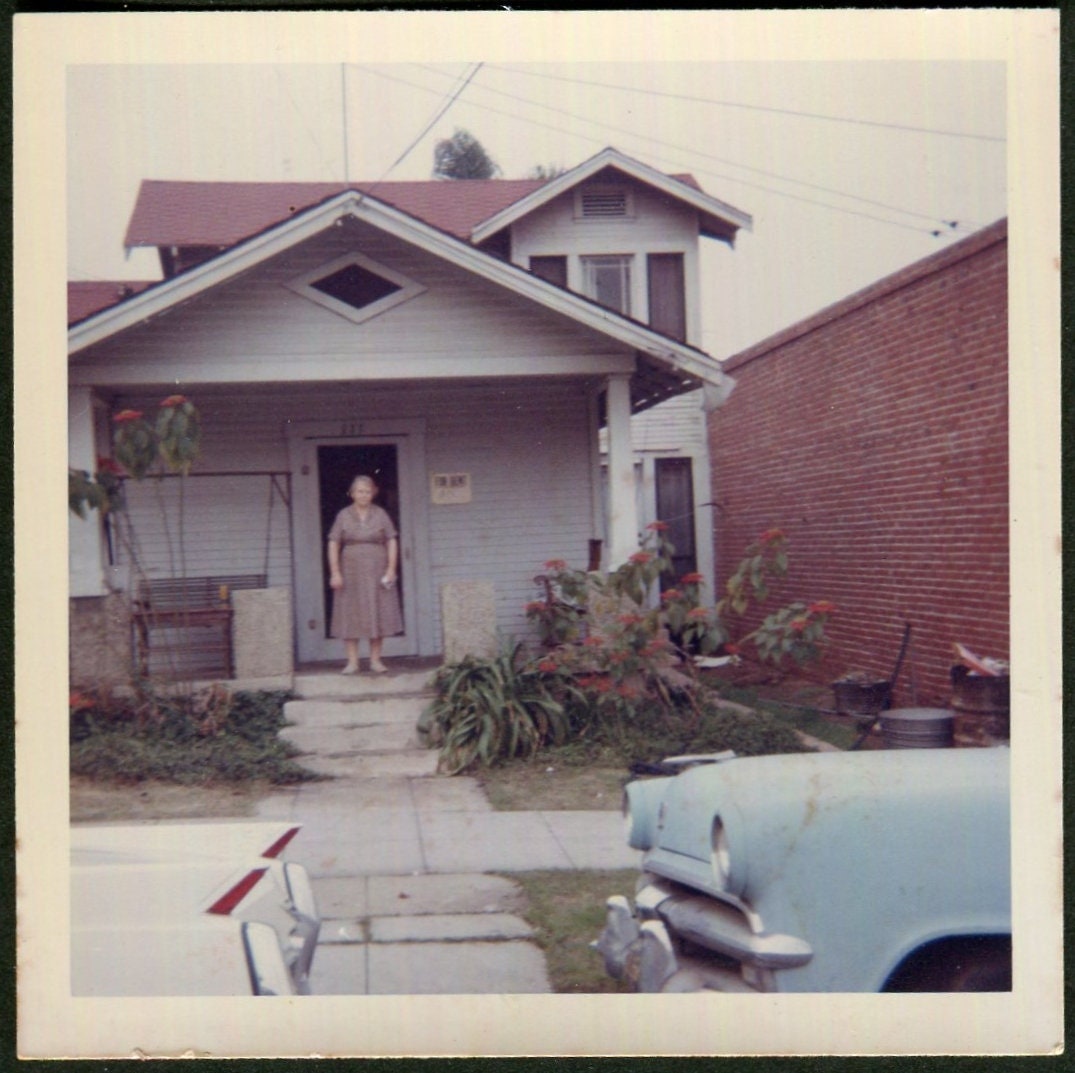 Original Found Photo Vintage Photo Grandma Waits on Front Stoop for Visitors 1960's Vernacular Photograph