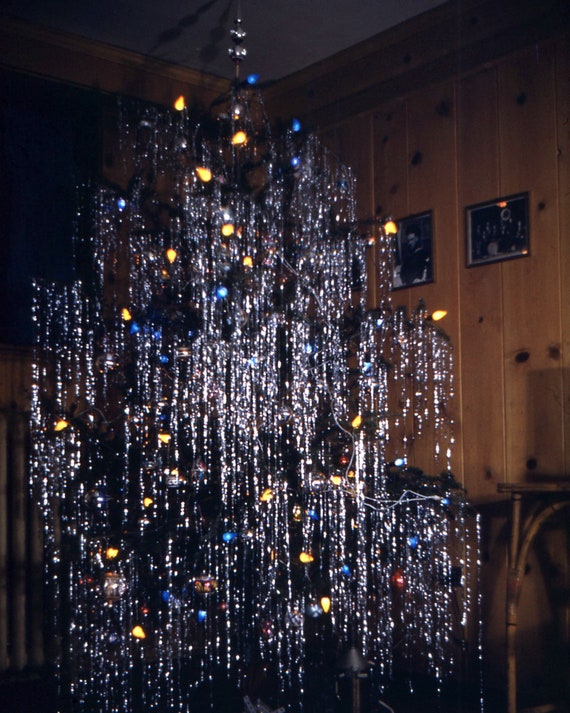 Red Border Kodachrome Slide Tinsel On Christmas Tree 1940 S Original Found Photo Slide Vernacular Photography