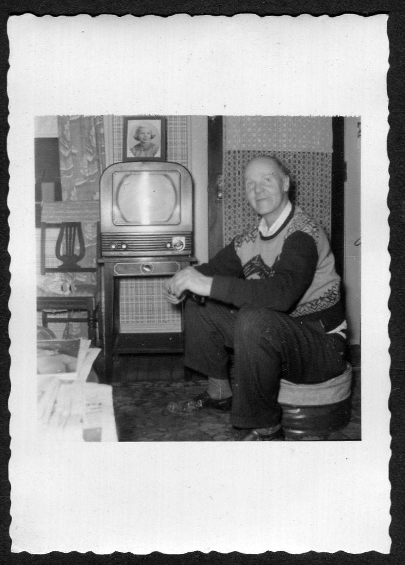 Vintage Photo Man Sitting Too Close to TV Set 1950/'s Vernacular Photograph Original Found Photo