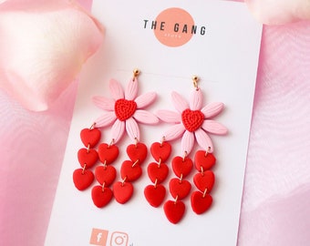 Valentine's Flowers - Valentine's day earrings - Pink and red