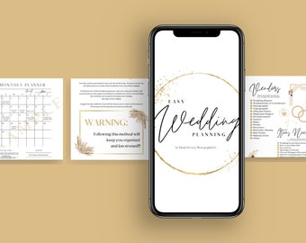 Può includere: Uno smartphone mostra una guida digitale per l'organizzazione di matrimoni intitolata "Easy Wedding Planning". La guida include sezioni per la pianificazione mensile, elenchi di fornitori e liste di controllo. Il design presenta dettagli dorati ed elementi decorativi.