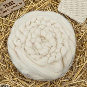 Può includere: Un gomitolo di lana pettinata Texel color bianco sporco, un piccolo campione quadrato lavorato a maglia con lo stesso filato color crema e un'etichetta rettangolare in legno con la scritta TEXEL KAMMZUG-100% NATUR, disposti per l'esposizione.