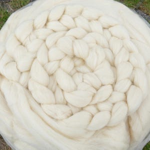 Può includere: Un'ampia matassa di lana intrecciata bianco sporco disposta a spirale. I grossi fili di lana sono fittamente intrecciati, creando un aspetto strutturato e spesso. Il colore naturale della lana è visibile, evidenziando la sua morbidezza e il suo potenziale per progetti artigianali.