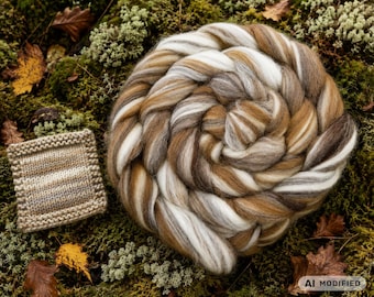May include: A thick, braided coil of roving wool in blended shades of white, tan, and dark brown, accompanied by a small, square, garter-stitch knitted swatch featuring horizontal stripes in matching neutral earth tones.