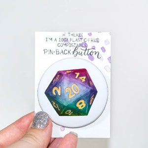 Rainbow Gradient D20 Compostable Pin-Back Button — Dungeons and Dragons Pin