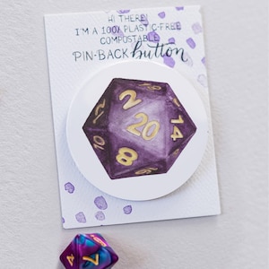 D20 Natural 20 Compostable Pin-Back Button - Dnd Dice Pin for Nerds!