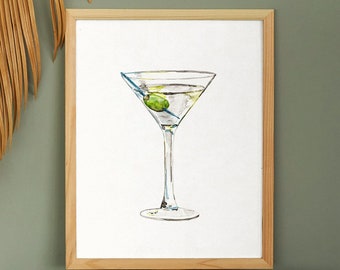 Martini with Olive Cocktail Print - Mixed Drink Art - Watercolor Painting