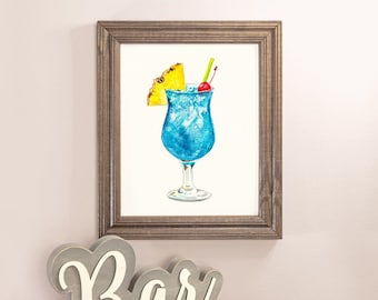 Blue Hawaii / Blue Hurricane Tropical Cocktail Print - Mixed Drink Art - Watercolor Fine Art