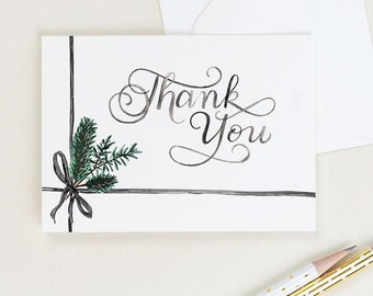 Winter Pine Thank You Cards - Set of 8 - Blank Inside - Christmas Thank You