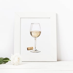 White Wine with Cork Cocktail Print - Kitchen or Bar Decor - Wine Art - Watercolor Fine Art