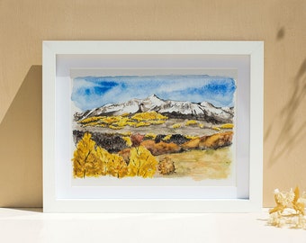 Autumn Mountains Landscape Art Print - Rocky Mountains in Fall Watercolor Painting