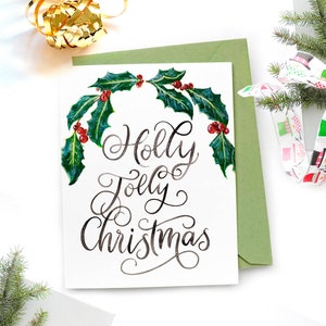 Holly Jolly Christmas Card - Christmas Card Painted with Holly Leaves